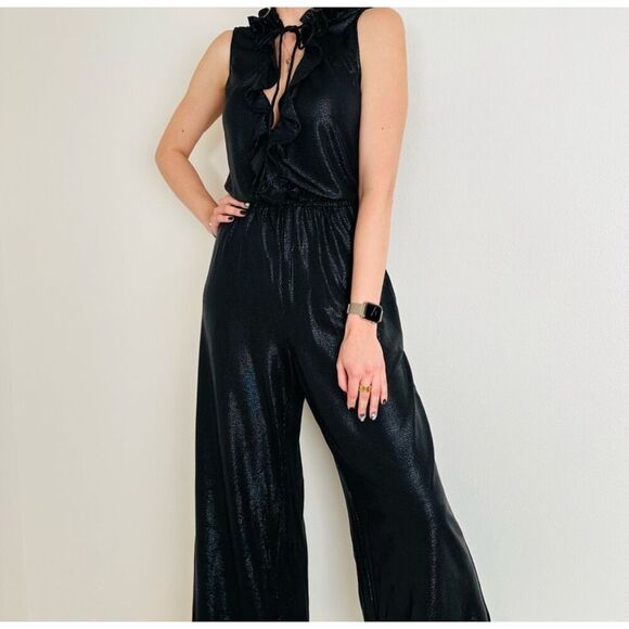 ZAC zac Posen black jumpsuit metallic black wide leg size 10 - Picture 1 of 16